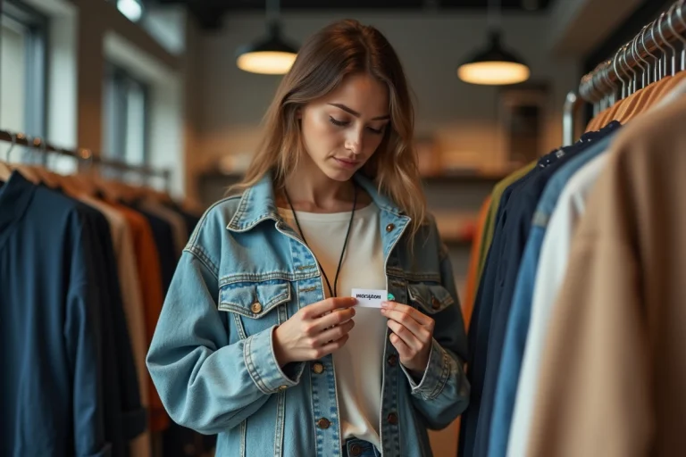 Femme en streetwear examinant une étiquette de vêtement