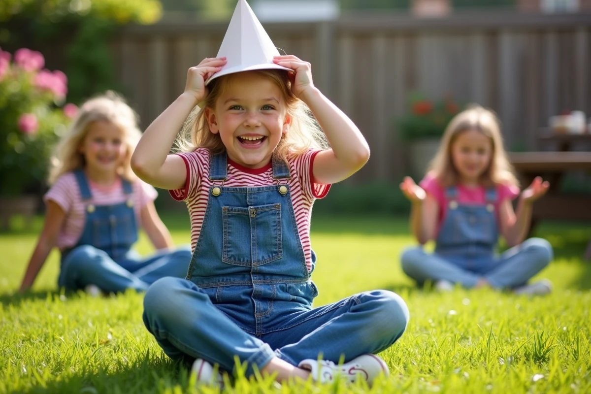Fille avec chapeau en papier dans le jardin