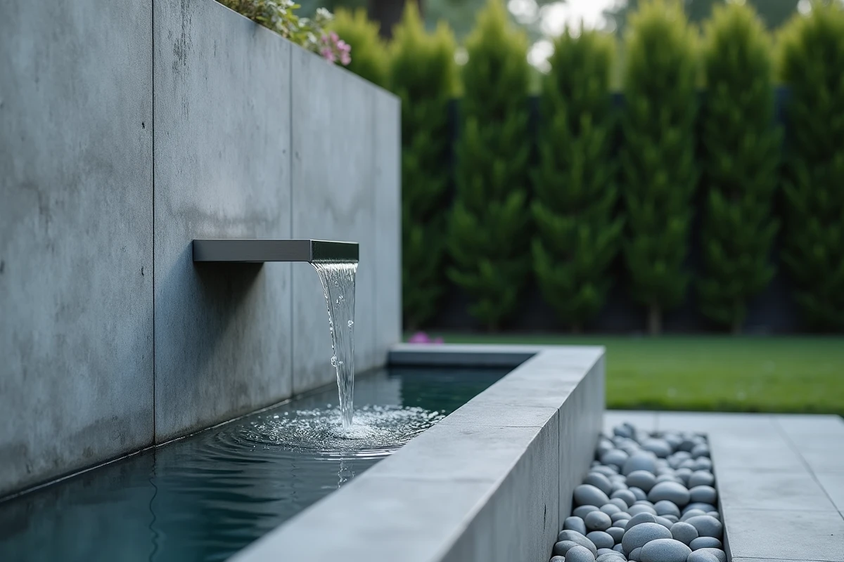 Fontaine à lame d'eau en inox intégrée dans un mur de jardin pour masquer les bruits urbains