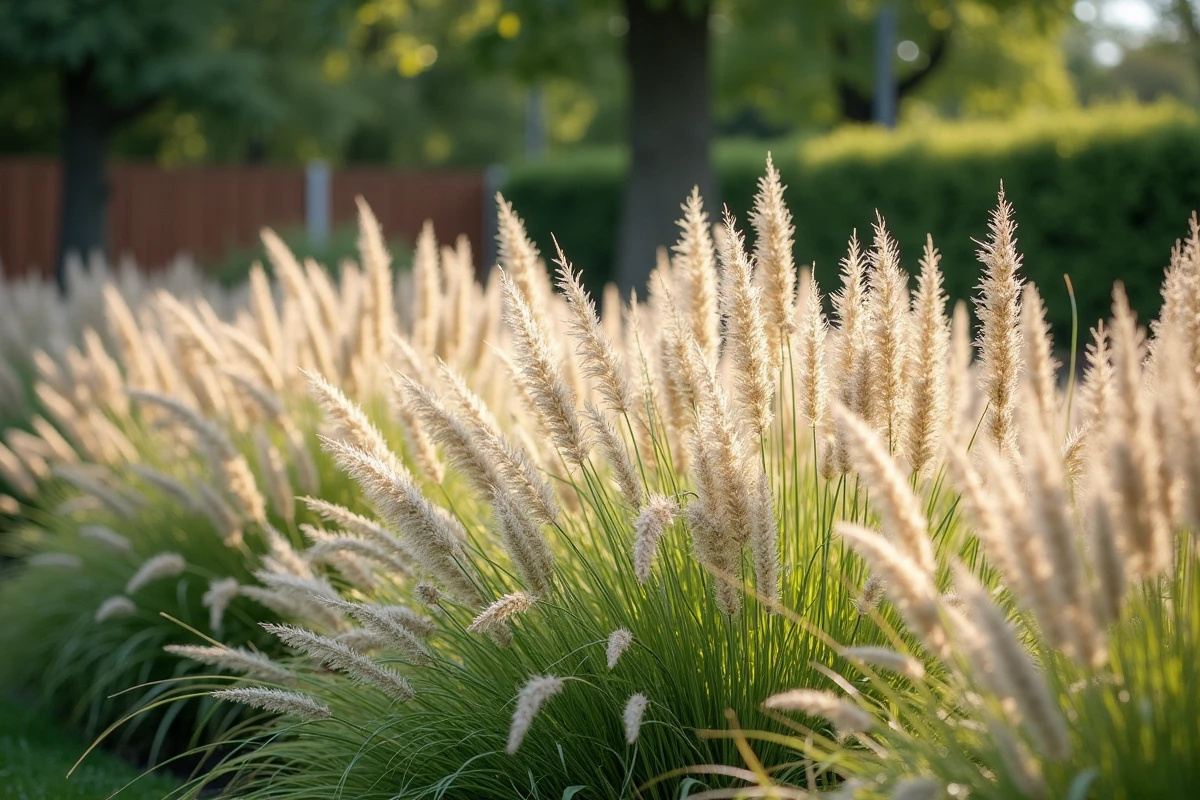Massif de graminées ornementales aux épis duveteux créant un jardin sonore et sensoriel