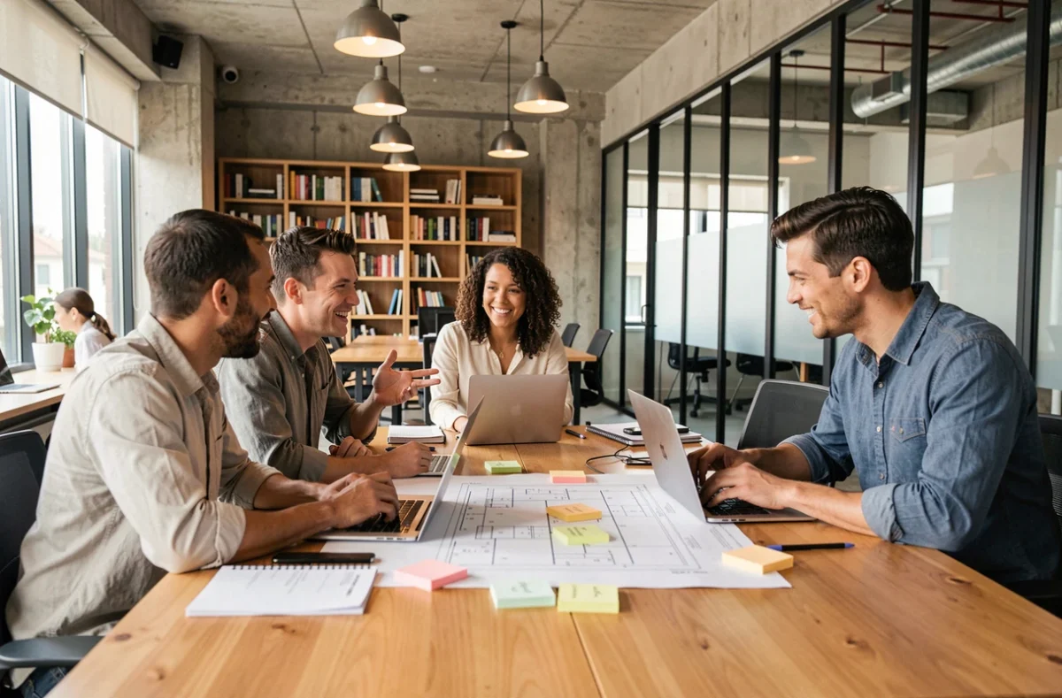 Groupe de trois adultes collaborant autour d'une table dans un espace de coworking moderne, partageant des idées pour concrétiser leurs ambitions collectives