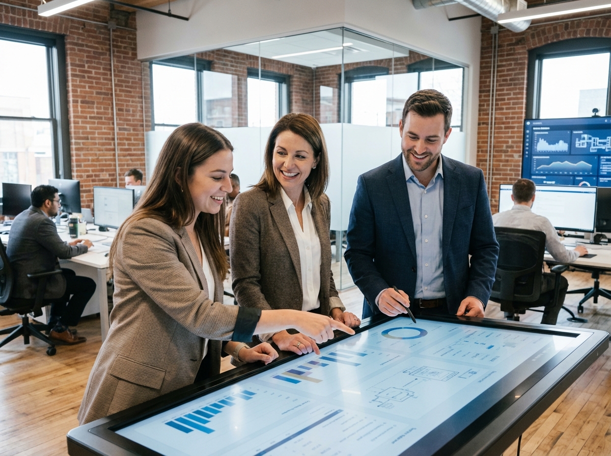 Groupe de collègues collaborant autour d un écran digital dans un espace ouvert