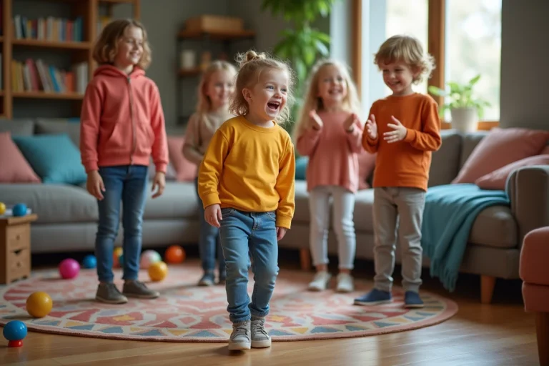 Enfants qui rient dans un salon chaleureux