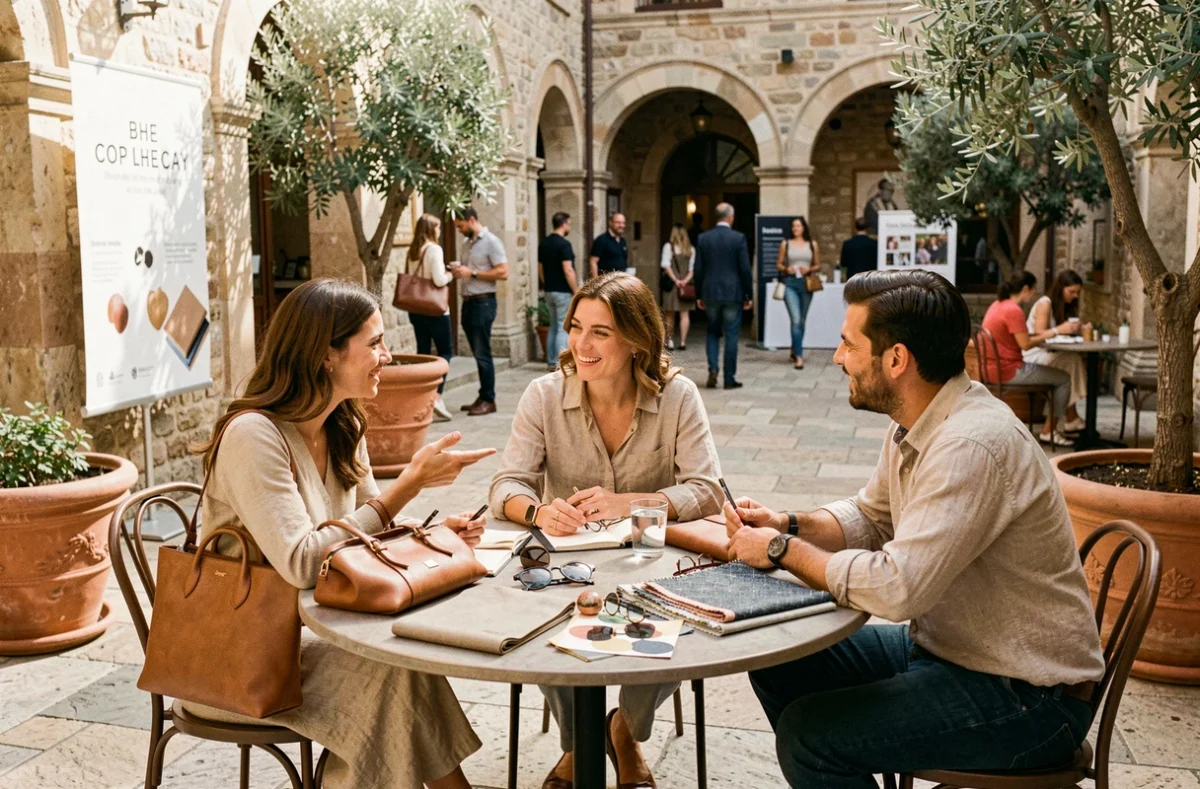 Groupe d'amateurs de mode discutant autour d'accessoires lors d'un événement style en plein air dans une cour ensoleillée