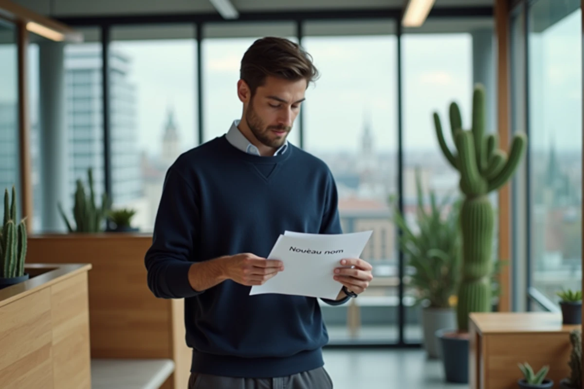 Homme lisant une annonce de changement de nom de marque Zakmav dans un espace de coworking