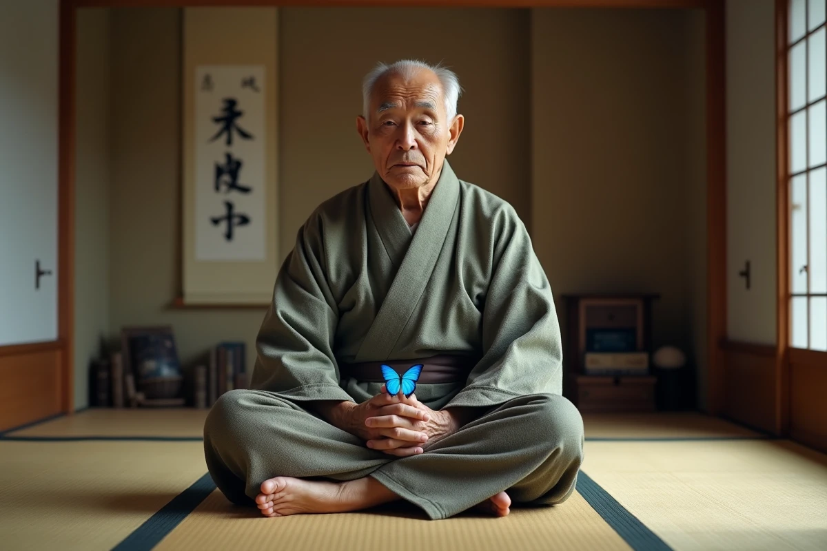Homme japonais âgé avec papillon bleu dans une pièce traditionnelle