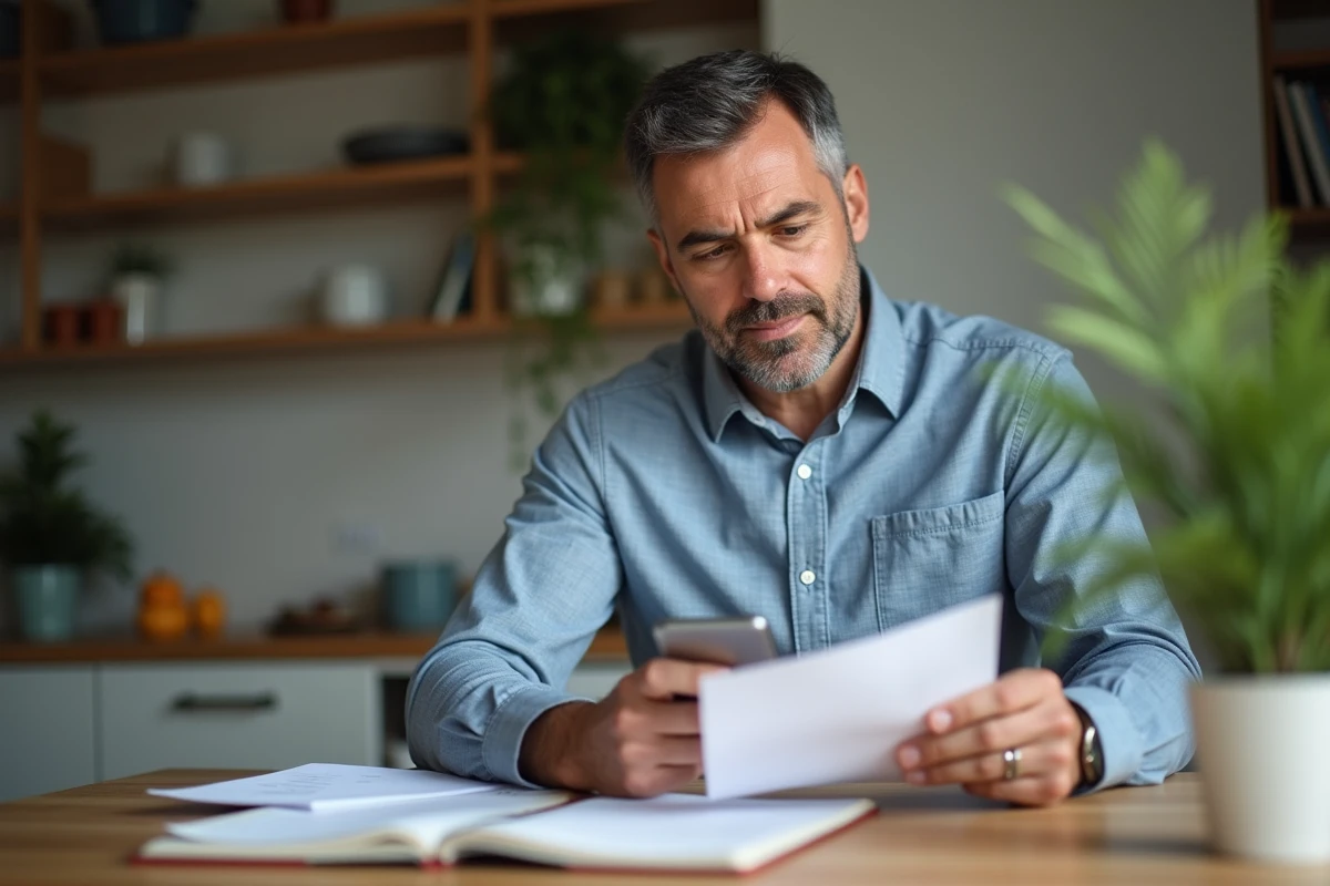 Homme d age moyen utilisant son smartphone à la maison