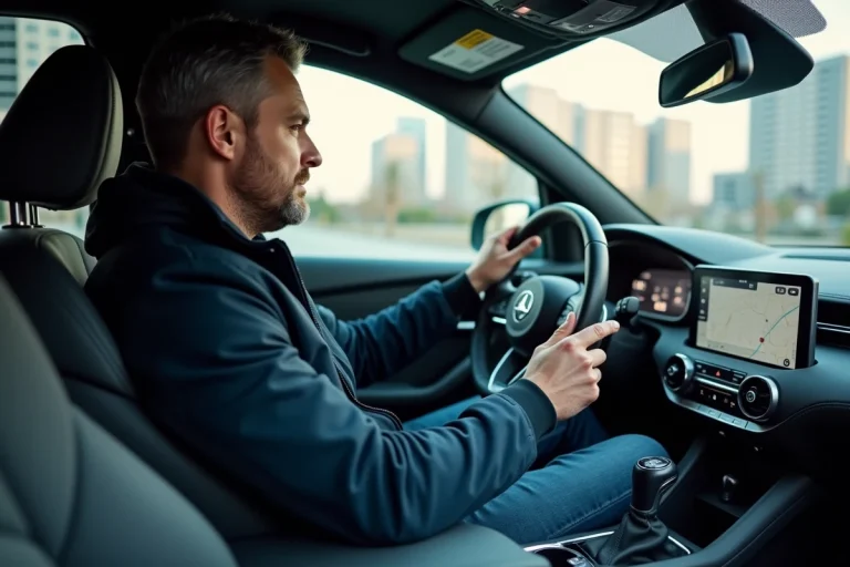 Homme en voiture moderne interactant avec l'écran tactile