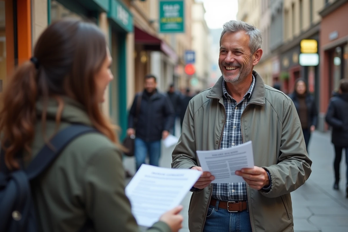 Homme distribuant des flyers dans une rue animée