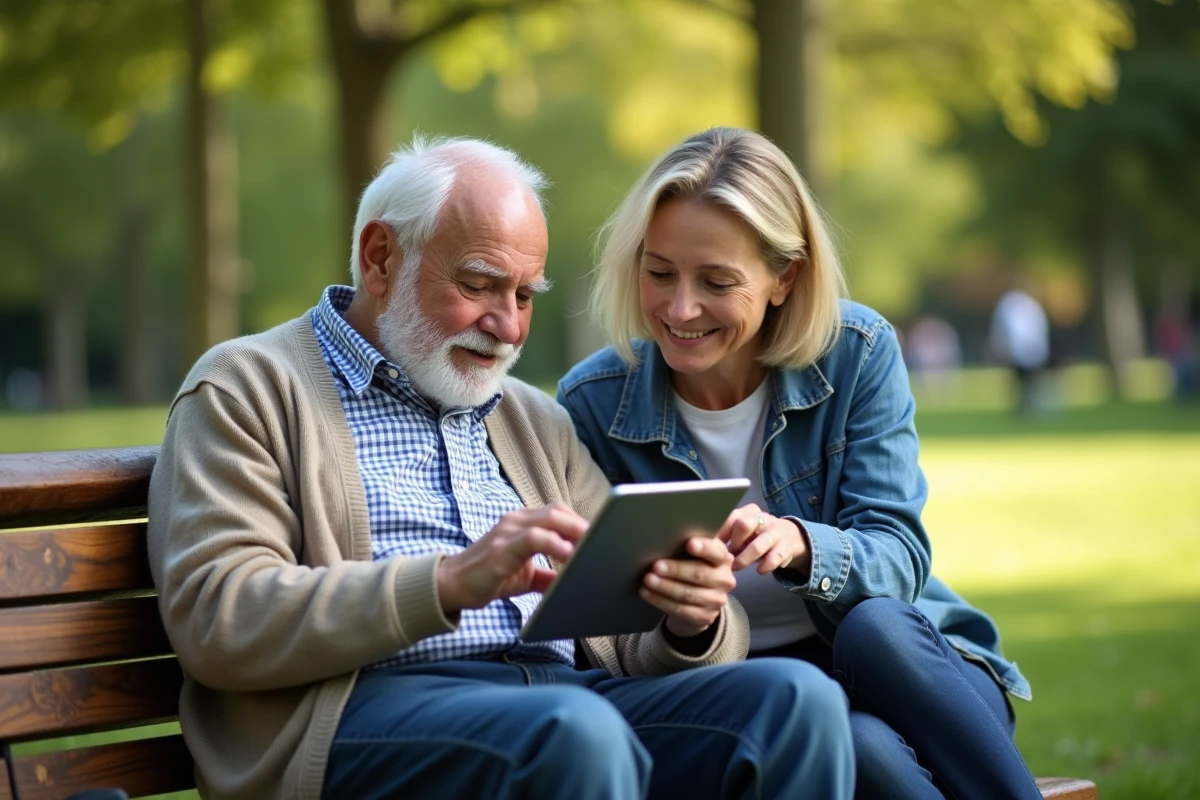 Homme âgé utilisant une tablette au parc avec sa fille
