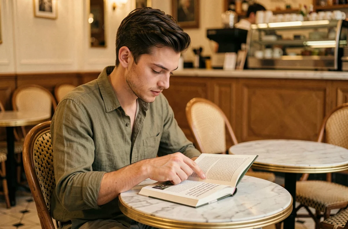 Jeune homme lisant un guide de grammaire française dans un café parisien, étudiant les règles d'accord