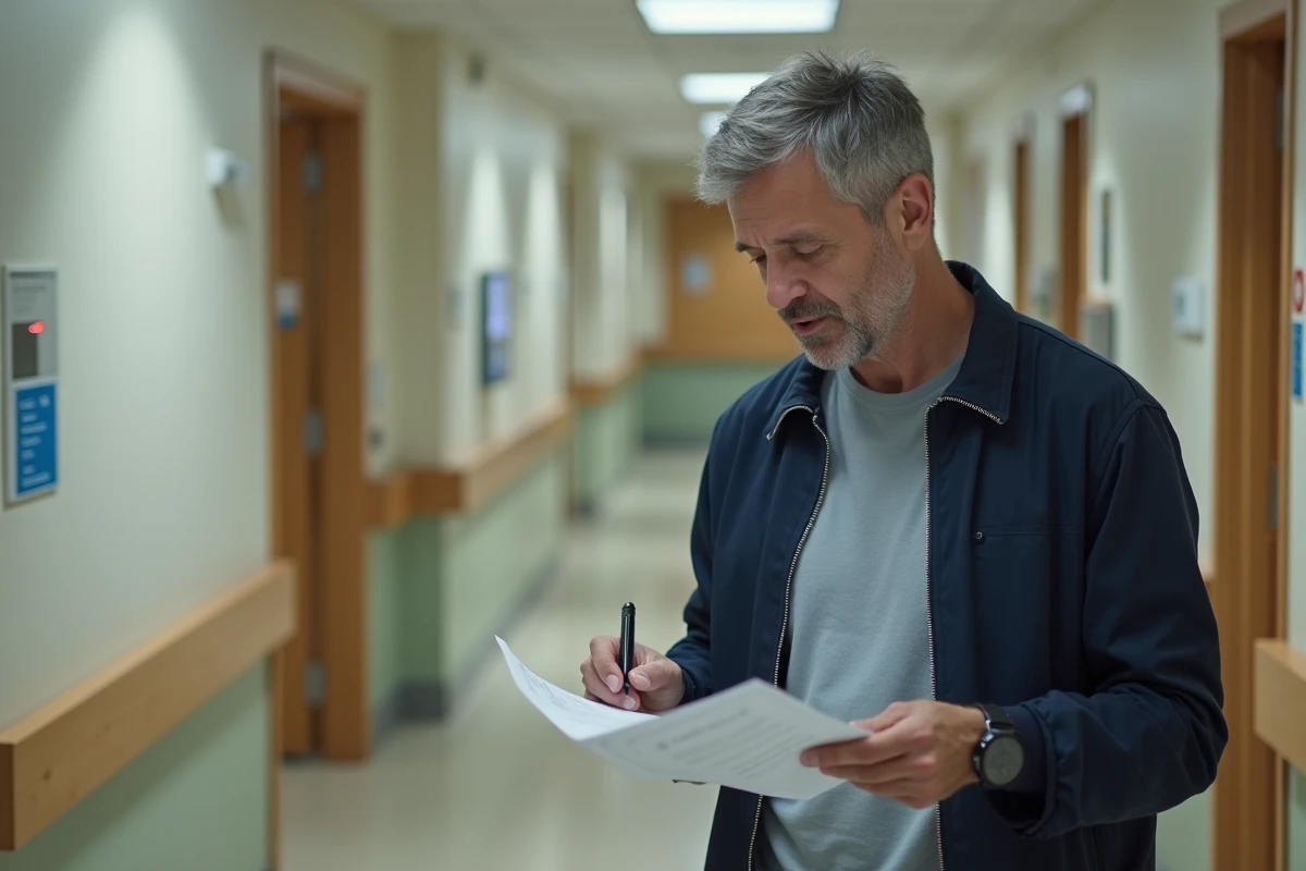 Homme remplissant des documents administratifs dans un couloir d'hôpital lors d'une absence pour raison familiale