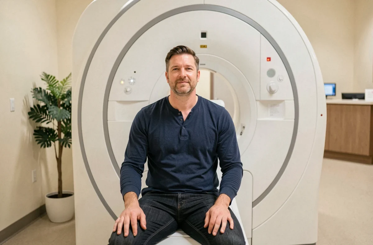 Homme assis dans une IRM ouverte verticale, vêtu en civil, expression soulagée dans un centre d'imagerie médicale contemporain