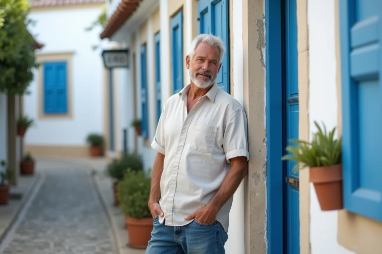 Homme portugais inspectant une maison de pecheur blanche et bleue