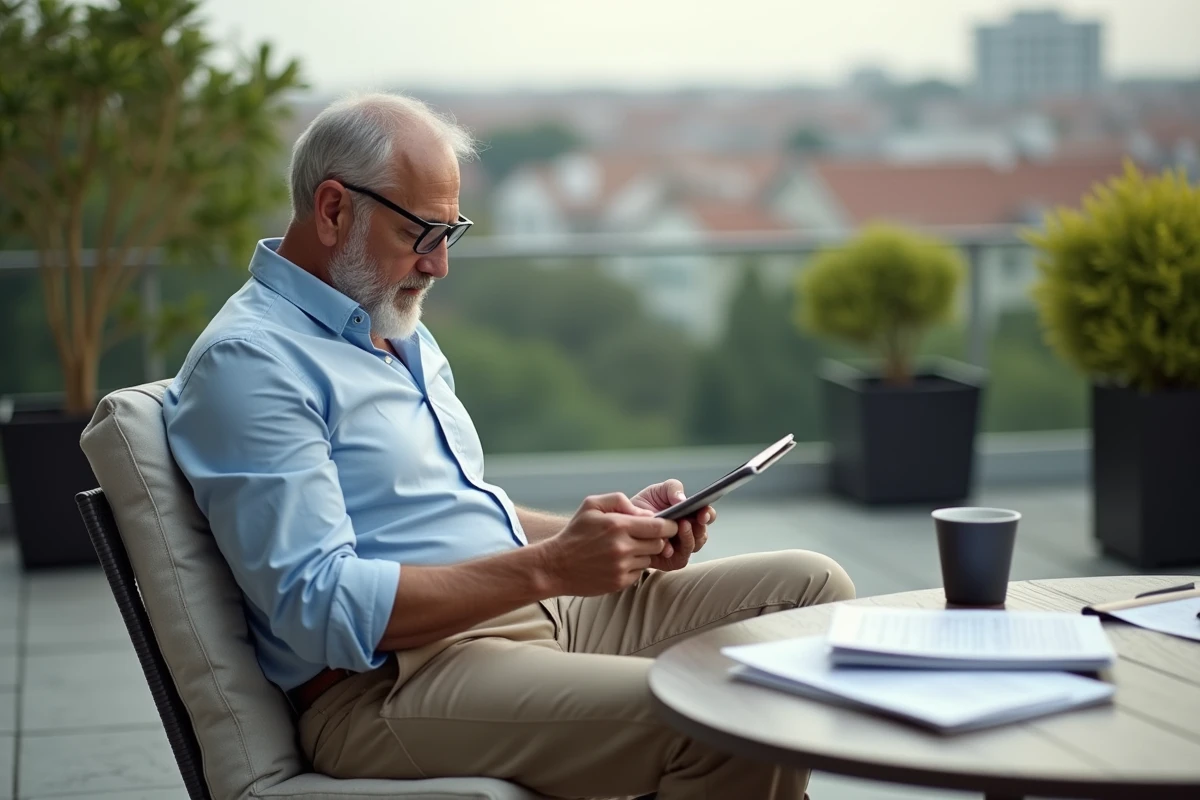Homme détendu vérifiant les actualités financières en extérieur