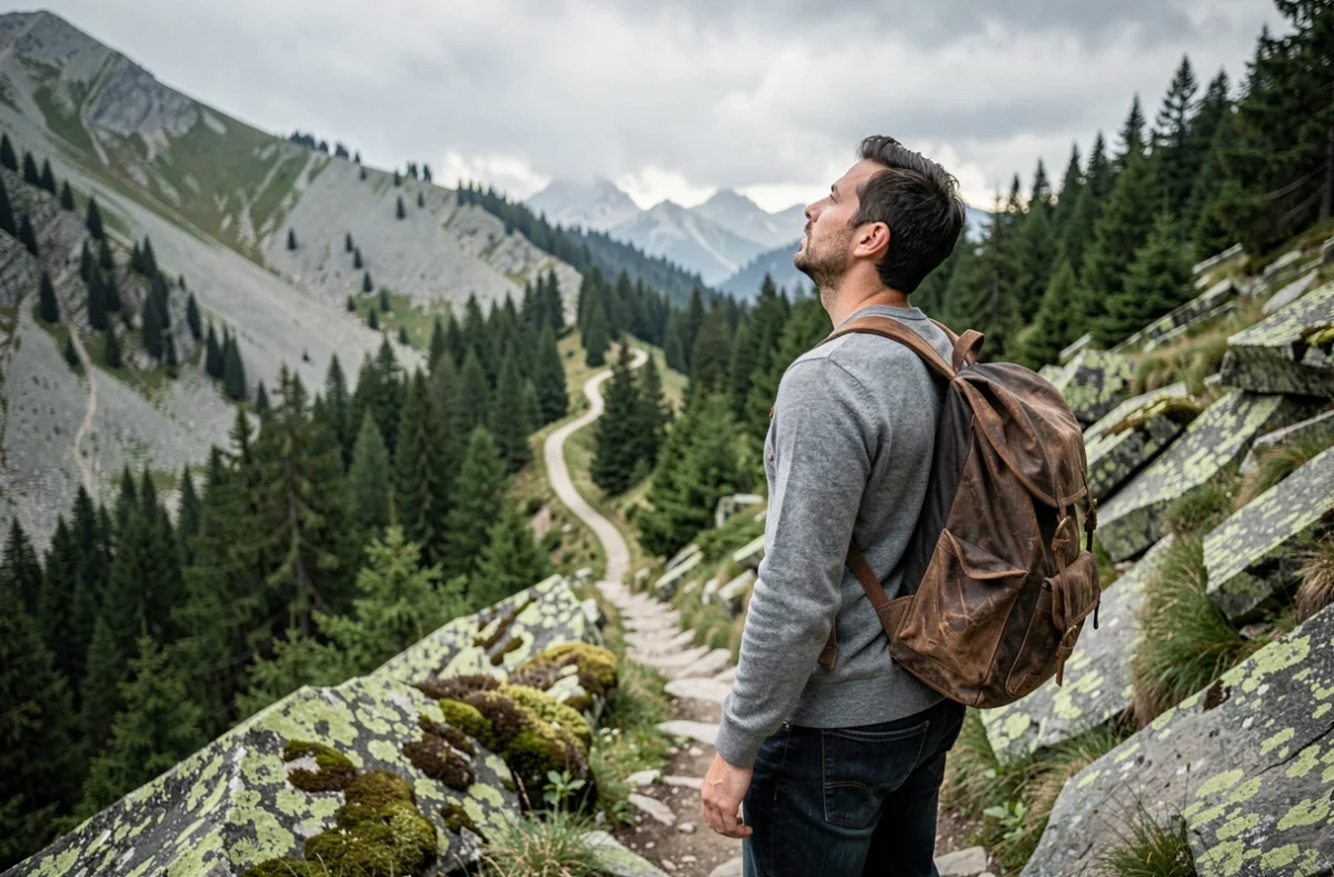 Homme debout au pied d'un sentier de montagne regardant vers le haut, incarnant la détermination et l'aspiration à atteindre ses objectifs personnels