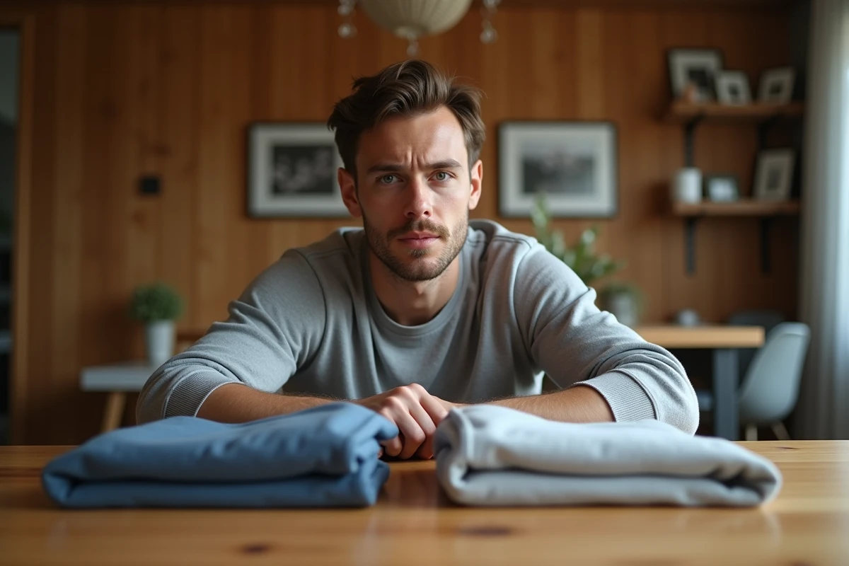 Homme comparant deux sweatshirts à la maison