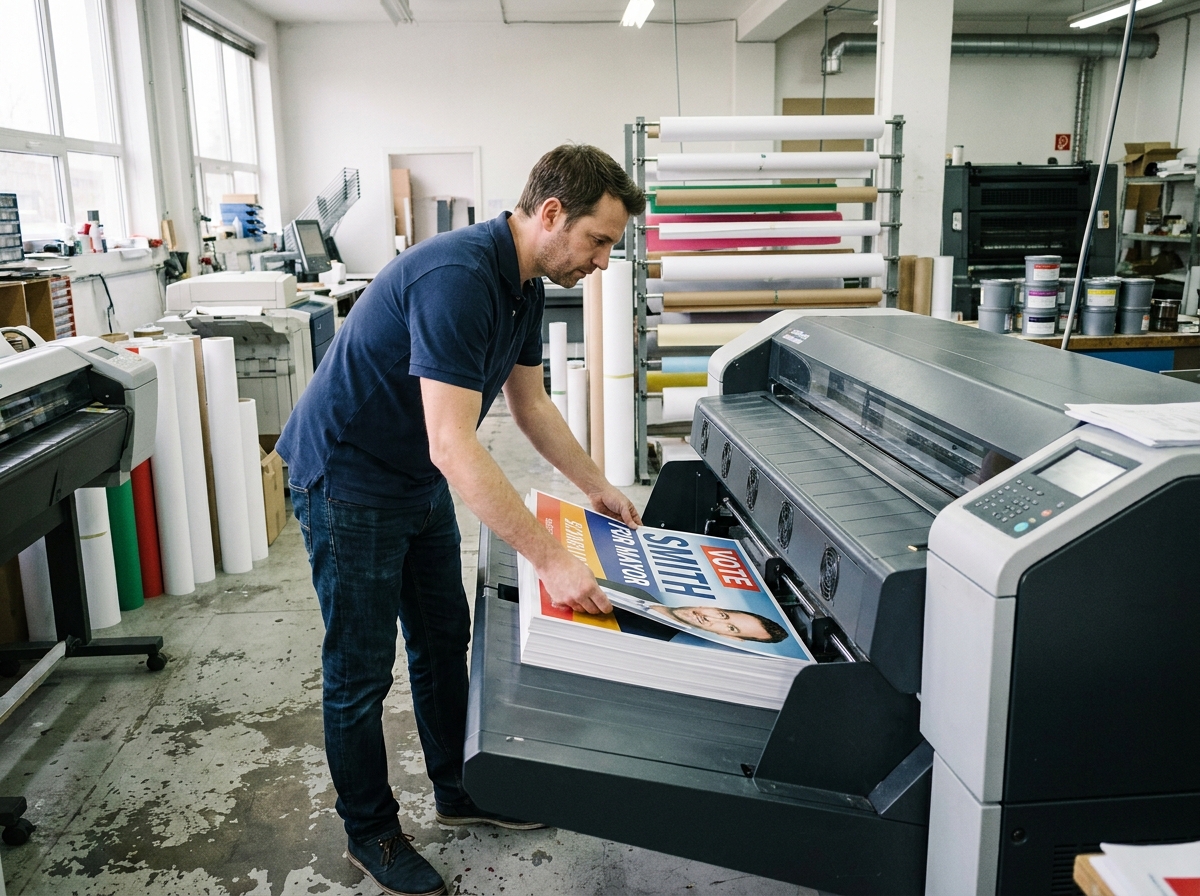 Technicien dans une imprimerie préparant des affiches de campagne électorale sur une machine d'impression grand format