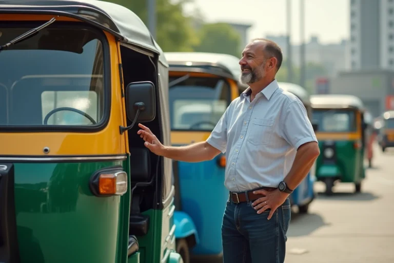 Homme inspectant un tuk tuk coloré devant un concessionnaire