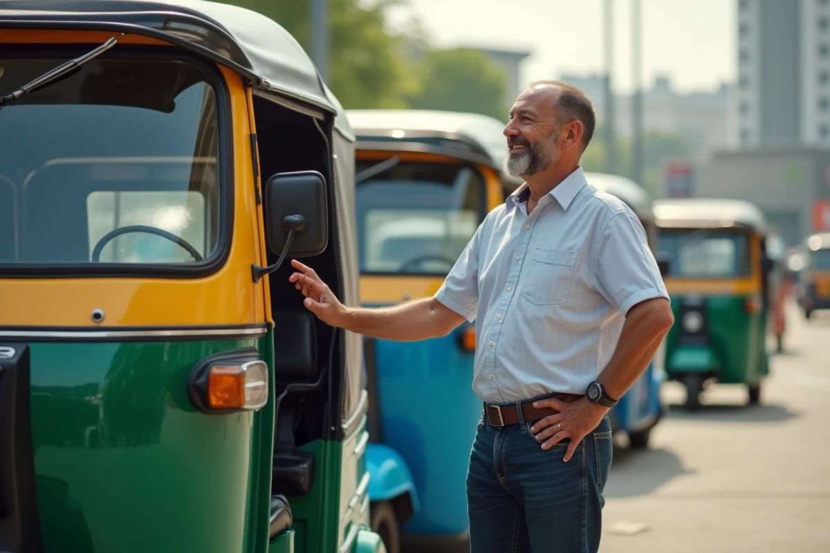 Homme inspectant un tuk tuk coloré devant un concessionnaire