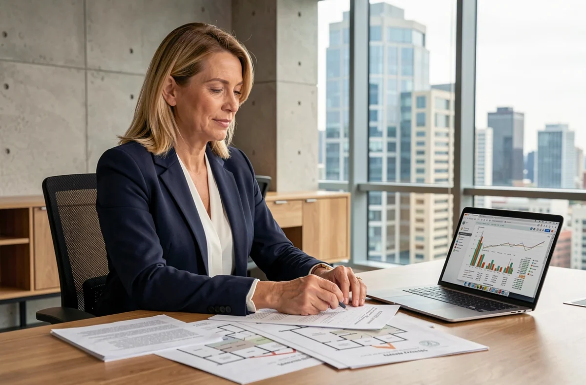 Professionnelle de l'immobilier analysant des documents d'investissement et des graphiques financiers dans un bureau moderne avec vue sur la ville