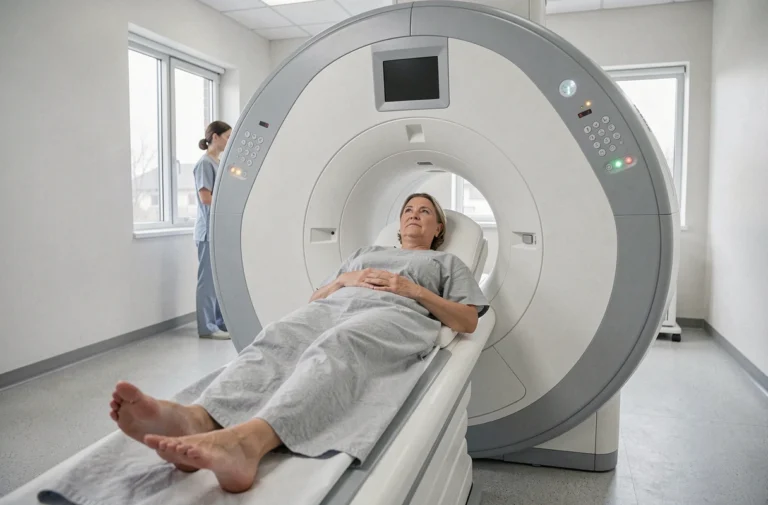 Femme allongée dans un scanner IRM à champ ouvert dans une salle de radiologie moderne, expression détendue et sereine