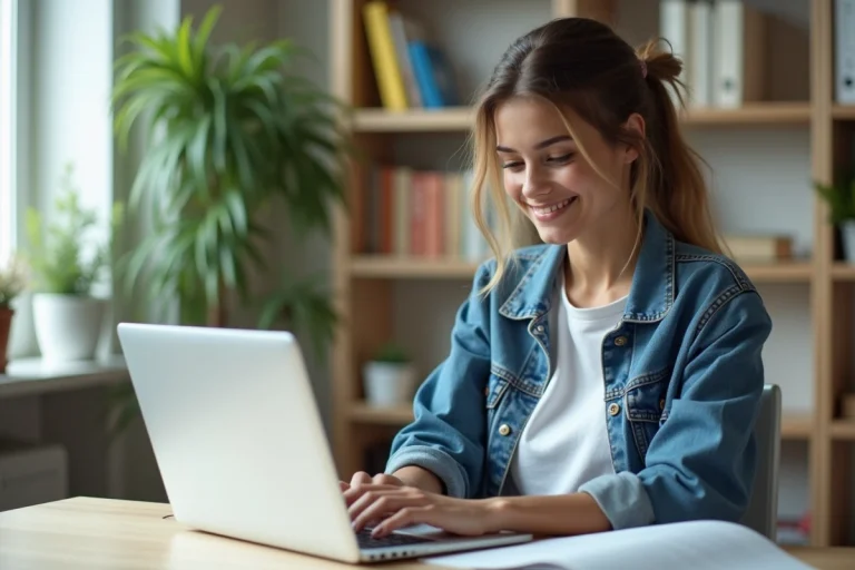 Jeune femme en denim et t-shirt blanc travaillant sur son ordinateur