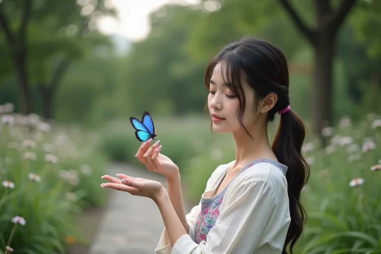 Jeune femme dans un jardin avec un papillon bleu sur la main
