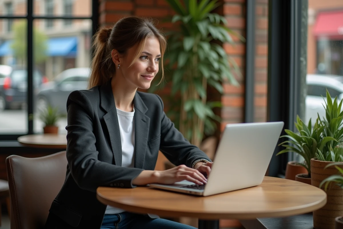 Jeune entrepreneure travaillant sur son ordinateur au café