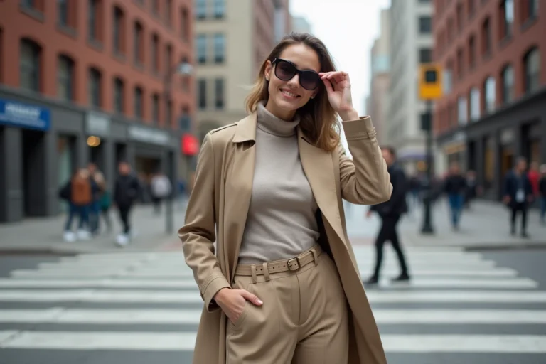 Jeune femme élégante en trench beige dans la ville