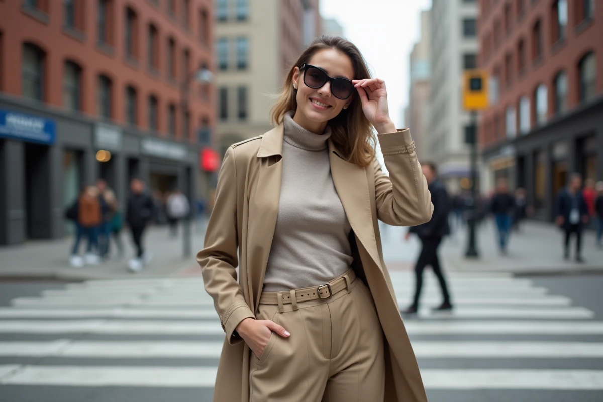 Jeune femme élégante en trench beige dans la ville