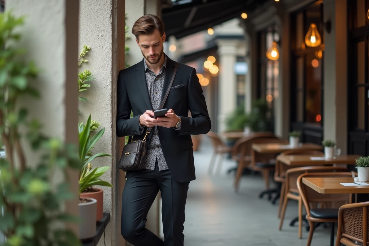 Jeune homme en costume décontracté vérifiant son téléphone