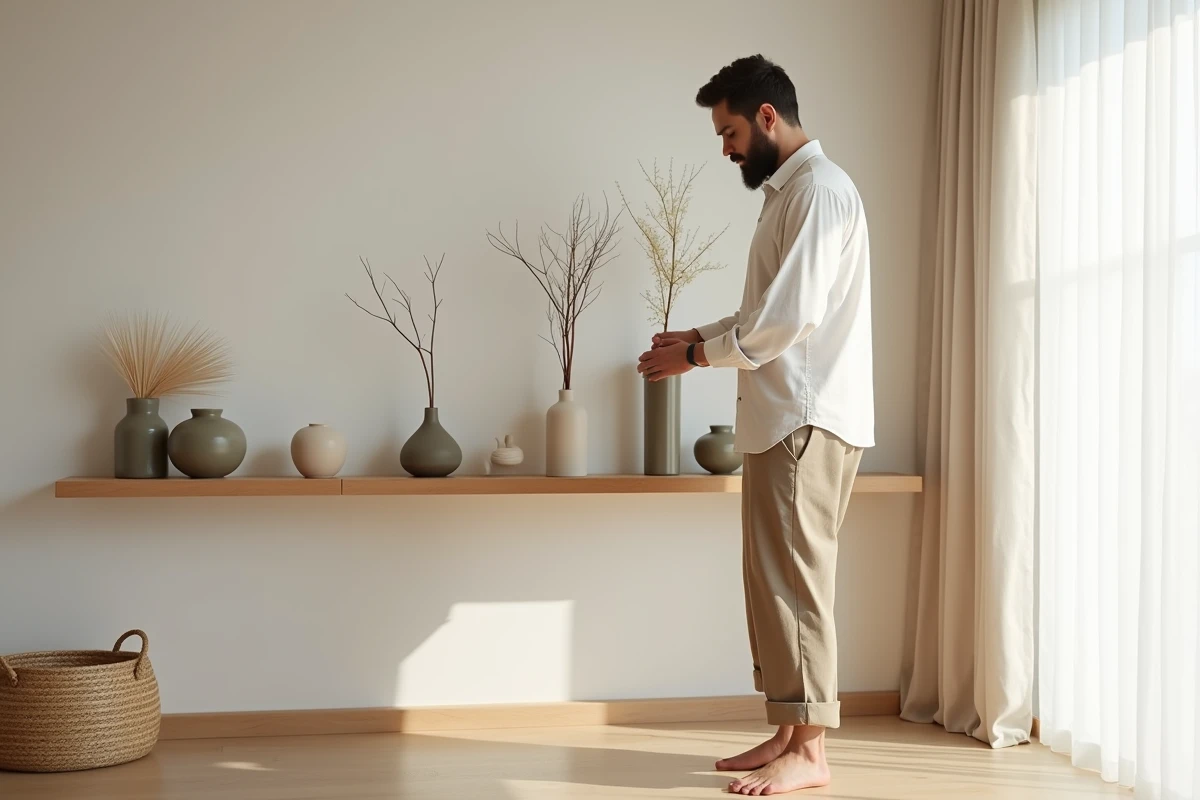 Jeune homme arrangeant des vases en bambou dans une chambre