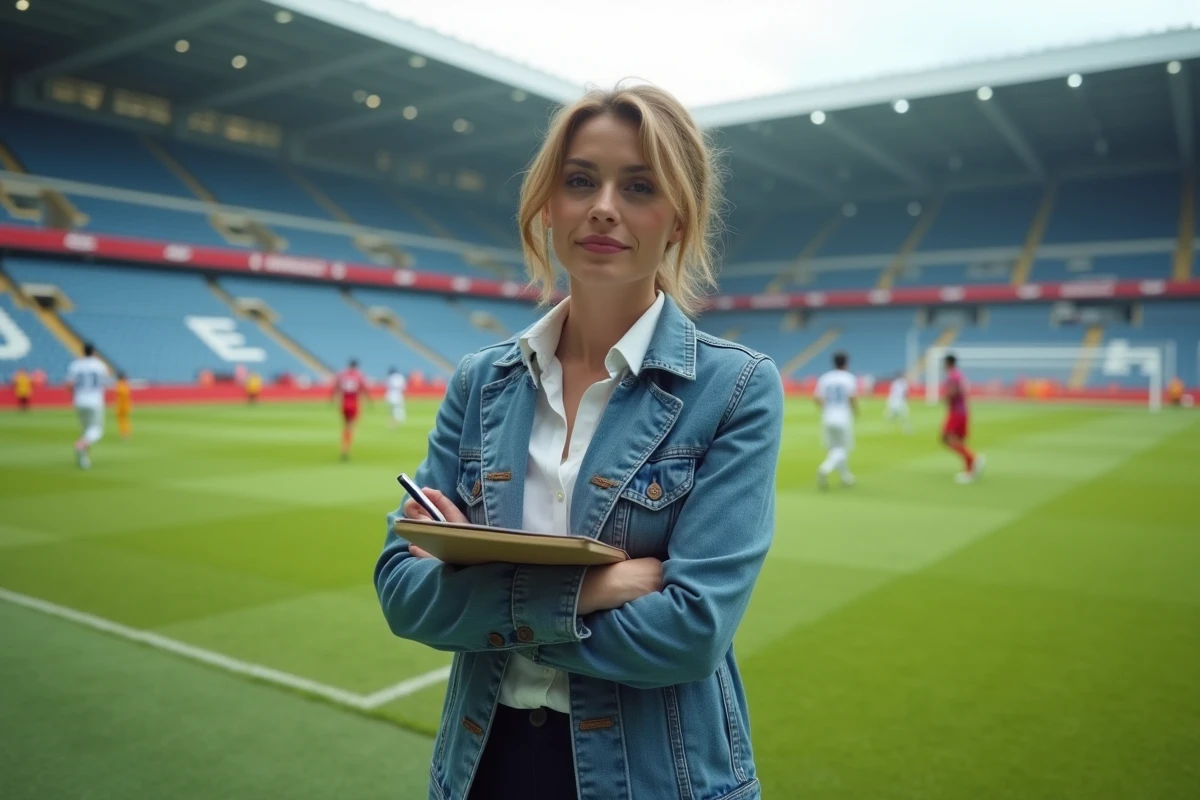 Journaliste sportive au bord du terrain de football