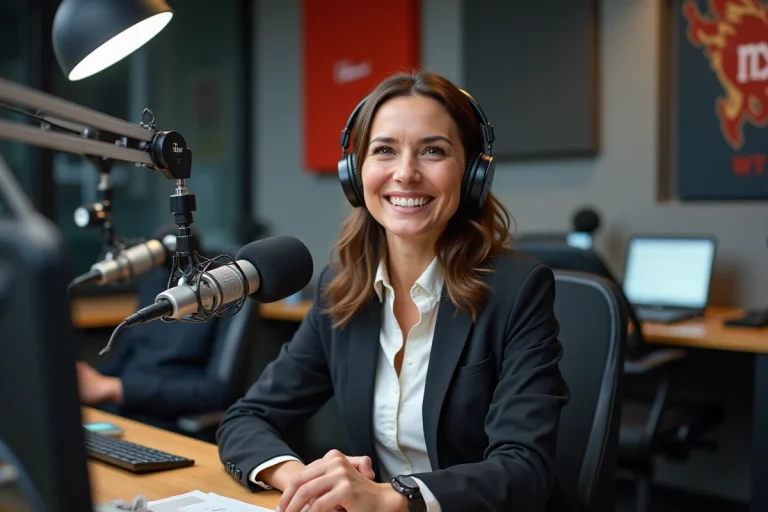 Femme souriante dans un studio radio moderne