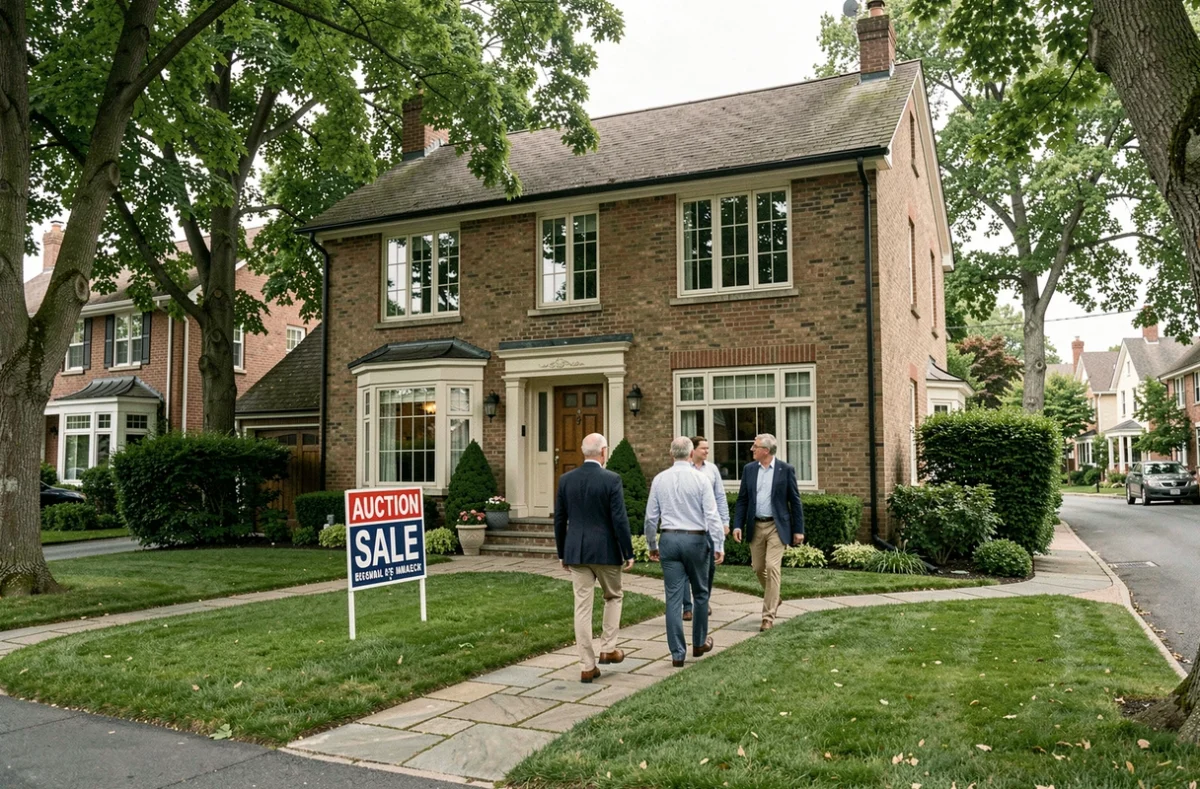 Maison individuelle avec panneau de vente aux enchères et visiteurs potentiels devant l'entrée