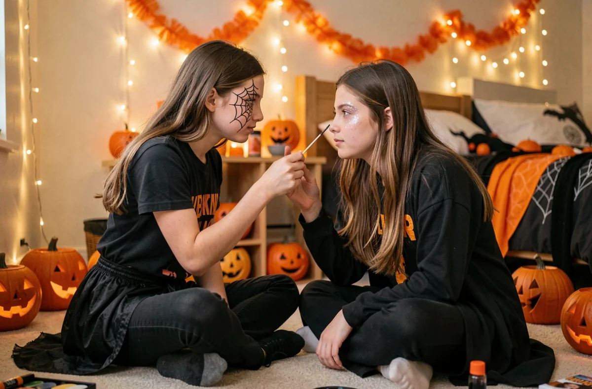 Deux adolescentes se faisant mutuellement un maquillage toile d'araignée pour Halloween dans une chambre décorée, utilisant un cure-dent et de l'eye-liner gel