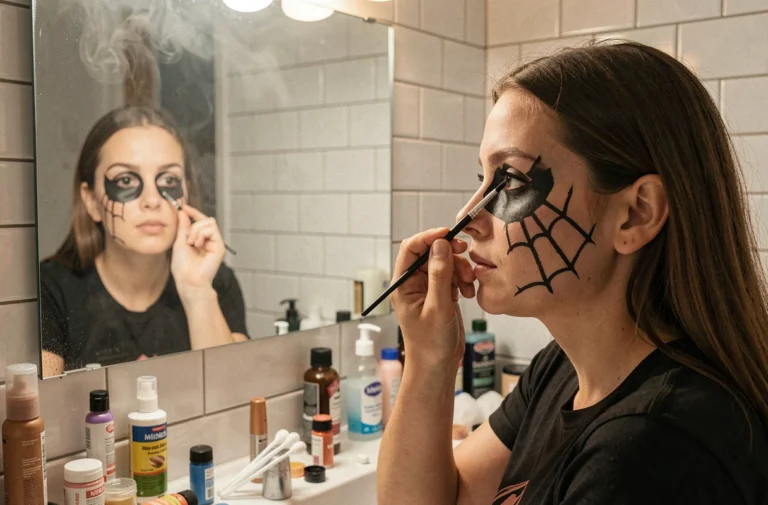 Jeune femme appliquant un maquillage araignée d'Halloween avec un pinceau fin devant un miroir de salle de bain, utilisant des produits du commerce