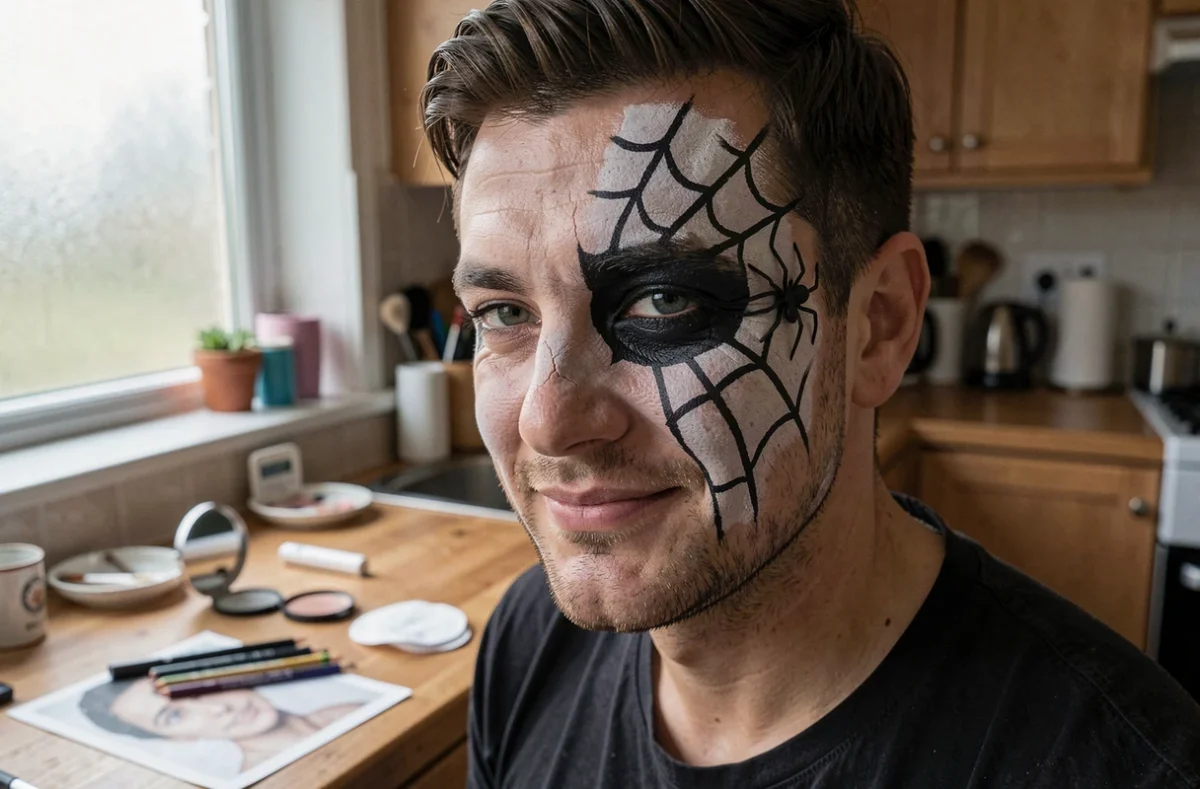 Homme avec un maquillage araignée Halloween réalisé à la maison, mettant en avant les outils basiques utilisés comme crayons eyeliner et miroir de poche sur une table de cuisine