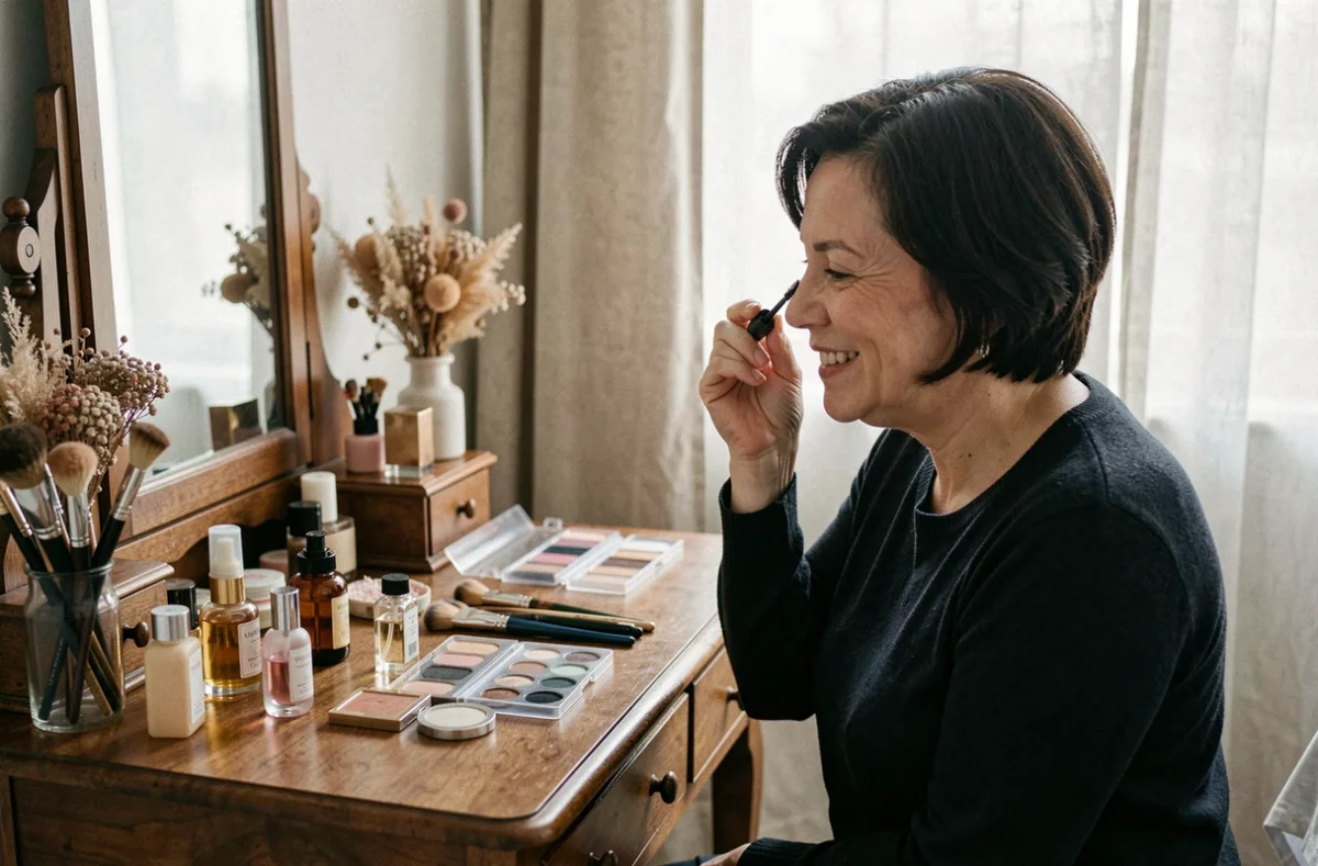 Femme appliquant du mascara devant une coiffeuse en bois avec des produits de maquillage organisés