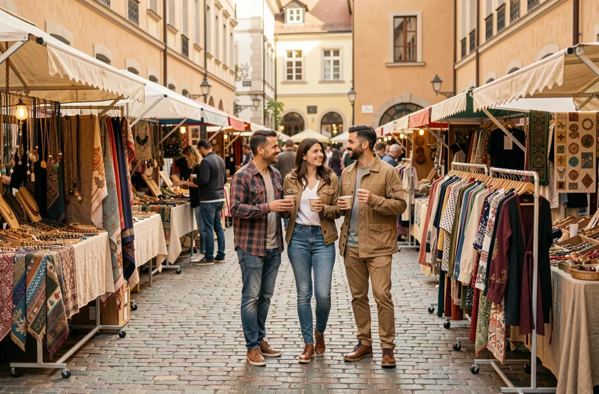 Groupe d'amis explorant un marché créateur en plein air avec des stands de bijoux et vêtements tendance