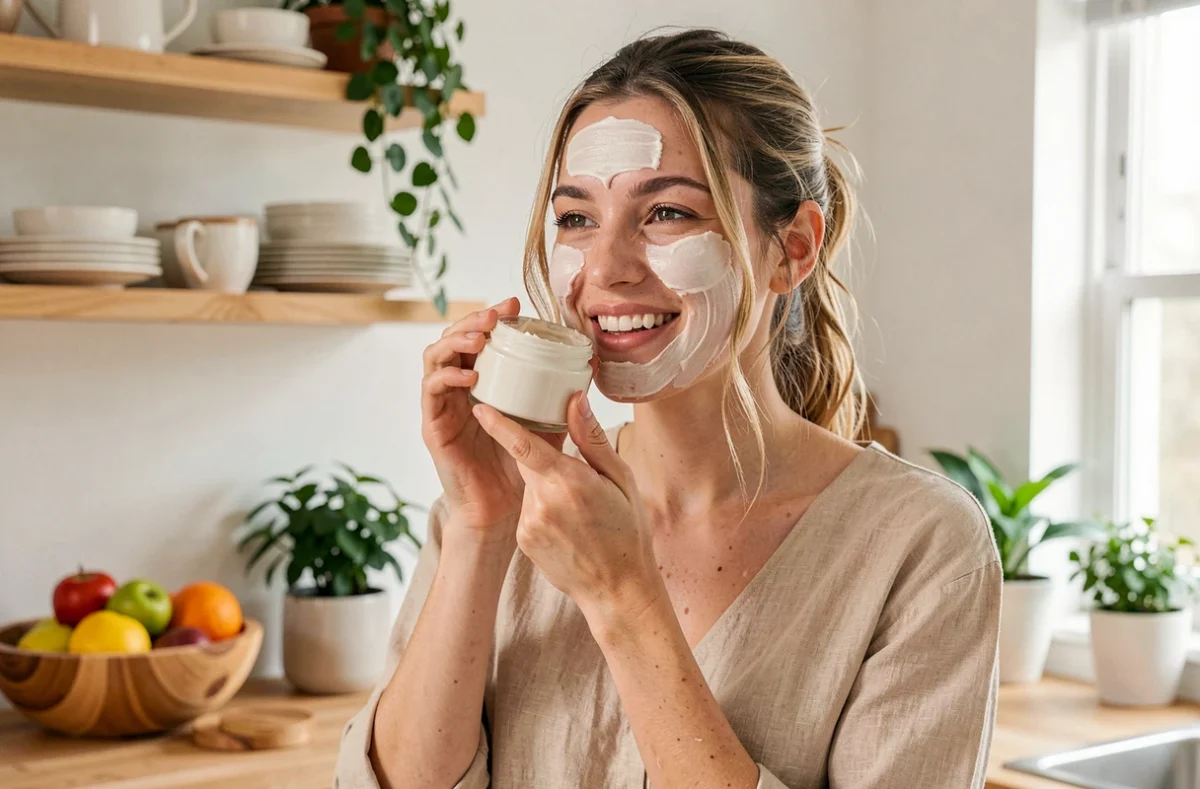 Jeune femme appliquant un masque hydratant dans sa cuisine dans le cadre d'une routine beauté décontractée