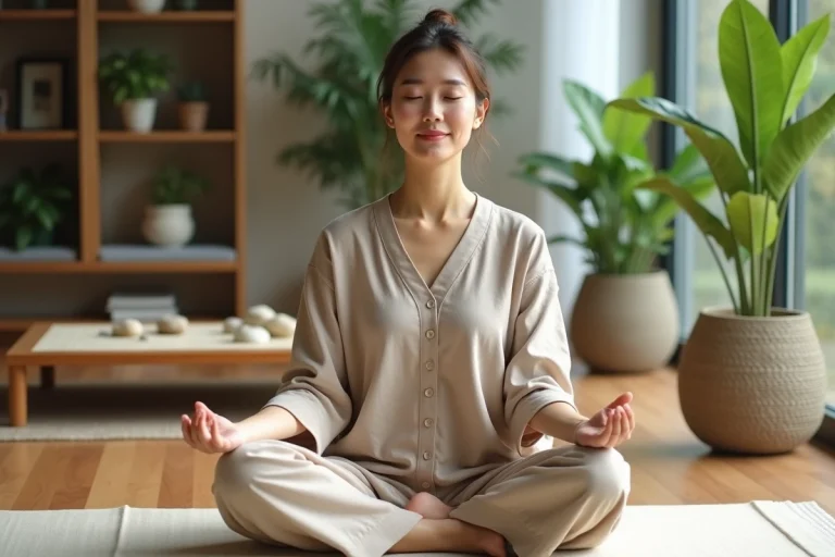 Femme méditant en intérieur dans un salon zen