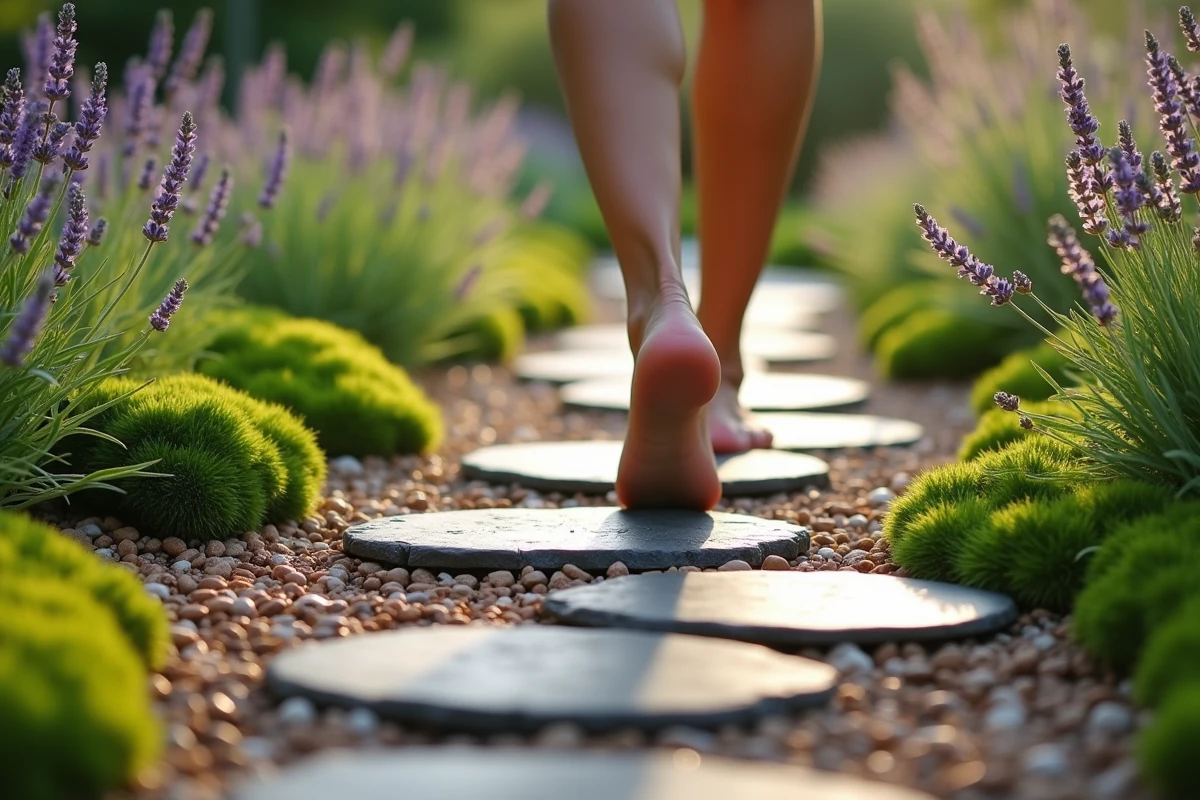 Parcours sensoriel en jardin de soins avec textures variées au sol et plantes aromatiques bordantes