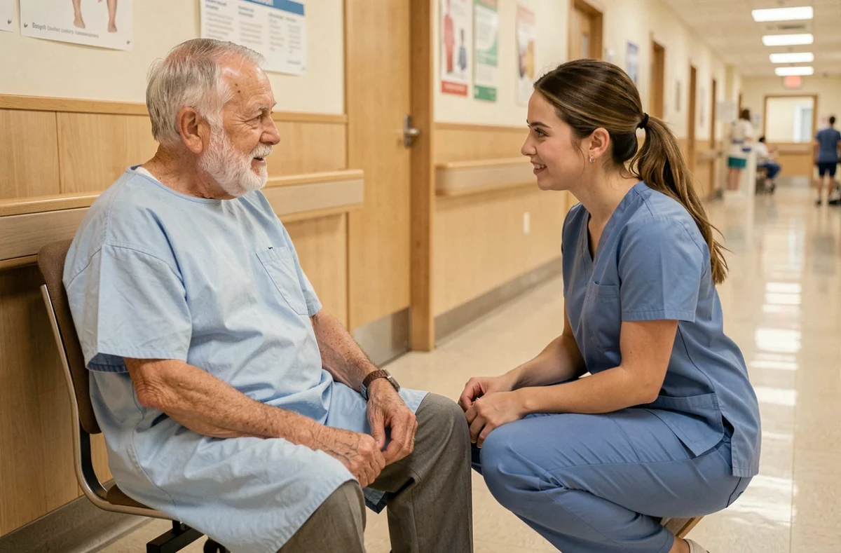 Patient âgé en blouse hospitalière discutant avec une radiologue dans un couloir d'hôpital avant une IRM, ambiance bienveillante