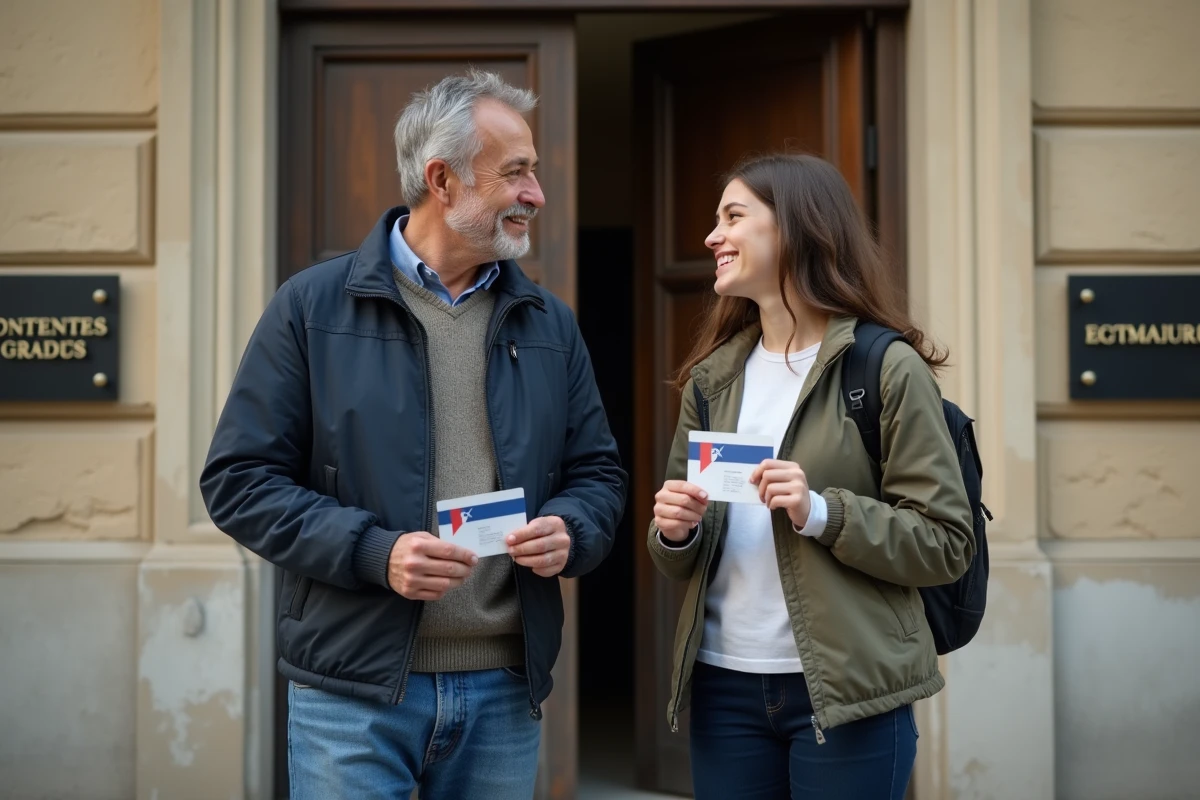 Pere et fille français riant avec leurs cartes consulaire devant le consulat