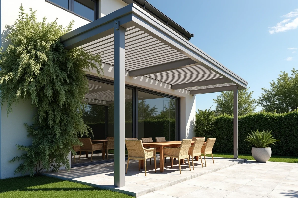 Pergola bioclimatique à lames orientables en aluminium au-dessus d'une terrasse de jardin contemporaine
