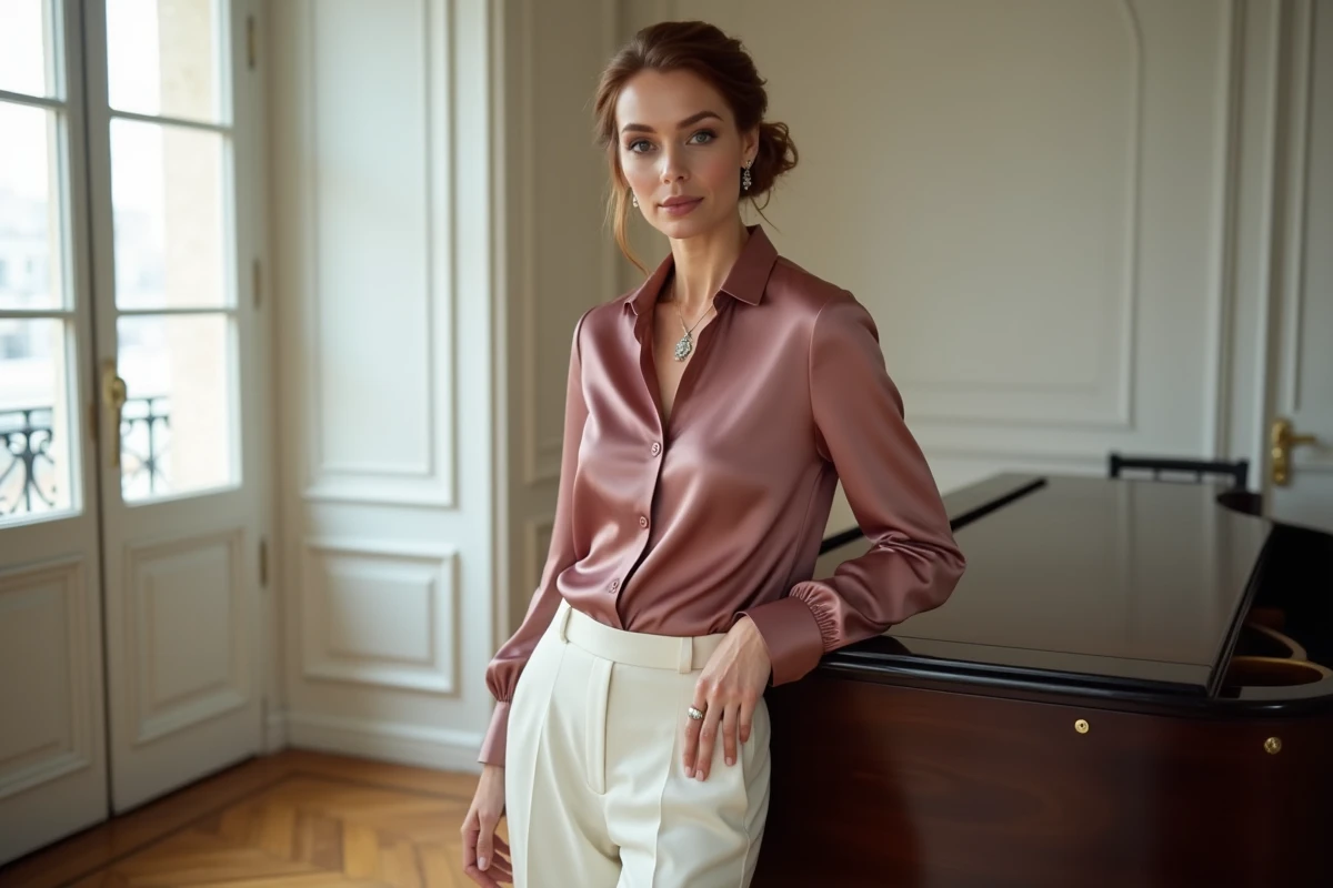 Portrait d'une femme élégante dans un appartement parisien haussmannien, évoquant le profil de l'épouse d'un grand auteur français