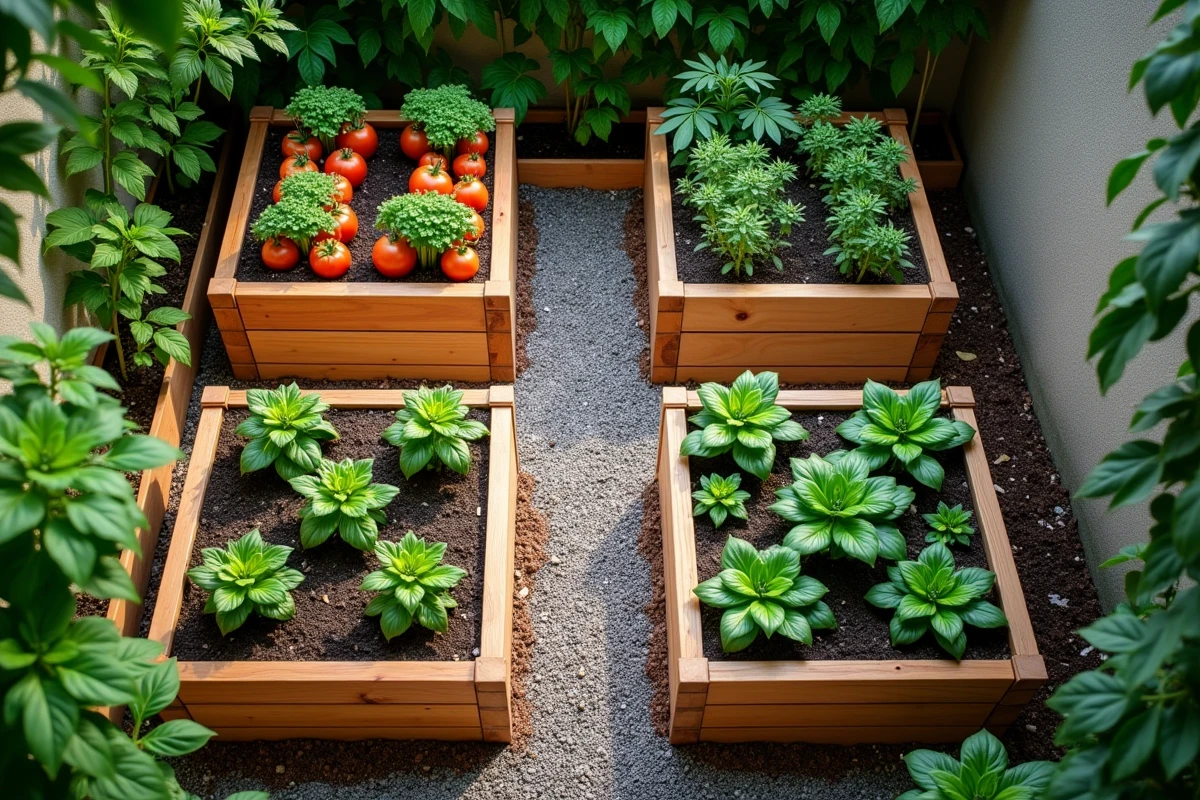Potager surélevé en carrés de bois de cèdre sur une petite terrasse de jardin urbain