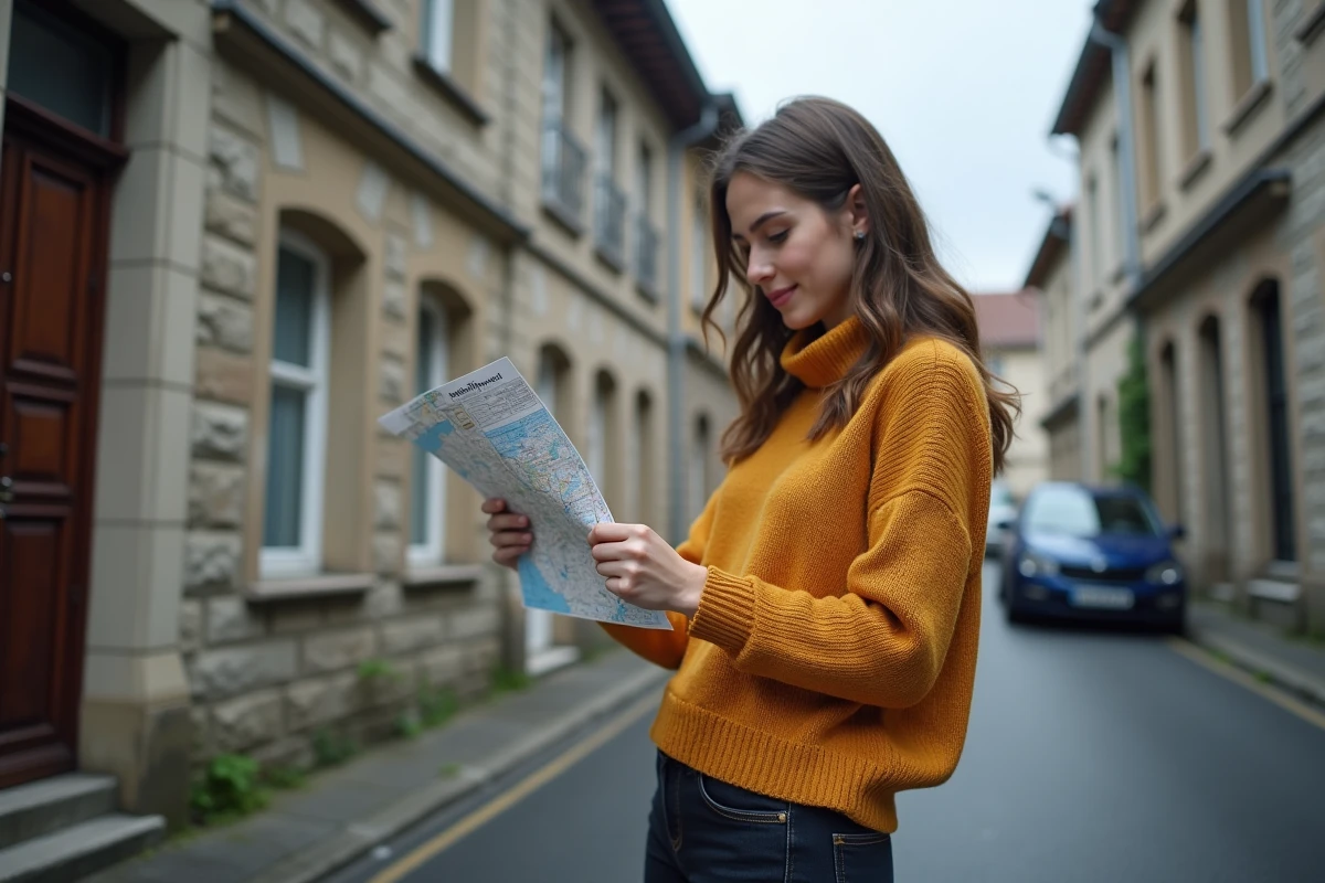 Jeune femme cherchant un point relais Mondial Relay dans les rues de Harnes avec une étiquette de colis à la main
